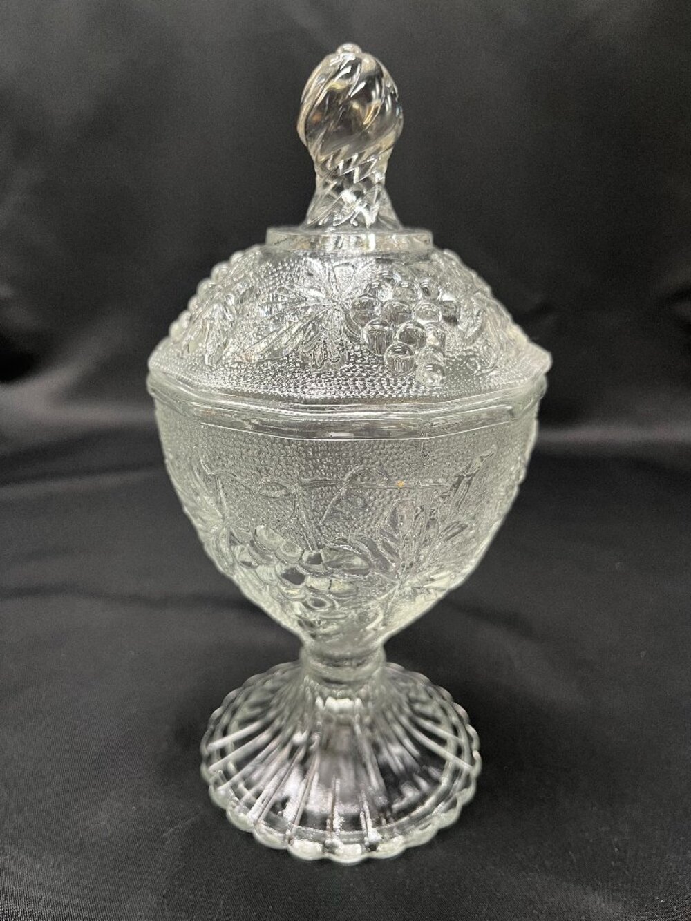 Vintage Jeannette Glass Clear Sandwich Pattern Pedestal Lidded Candy Dish